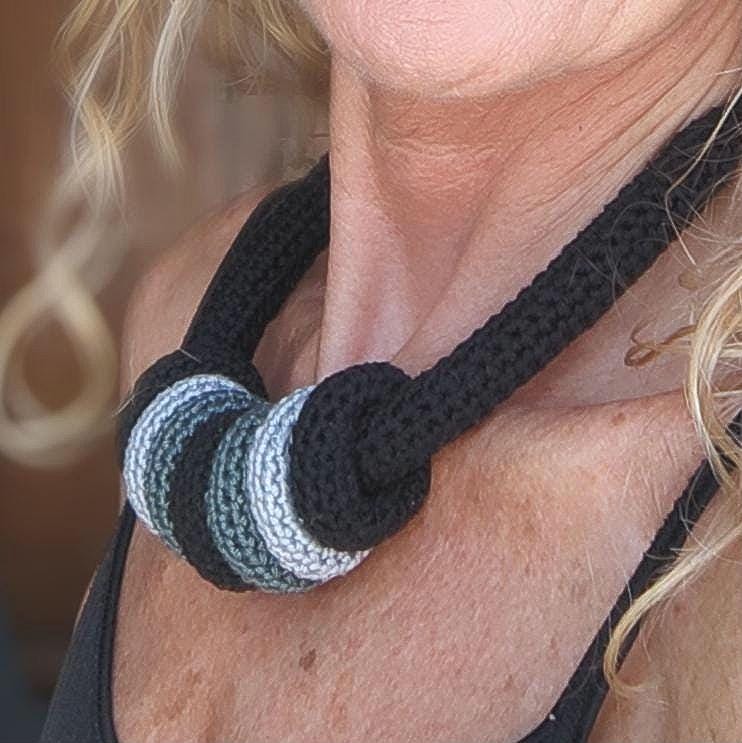 Black Multiway Crochet Statement Necklace - Curved Necklace & Chunky Rings, Adjustable - StepToLight