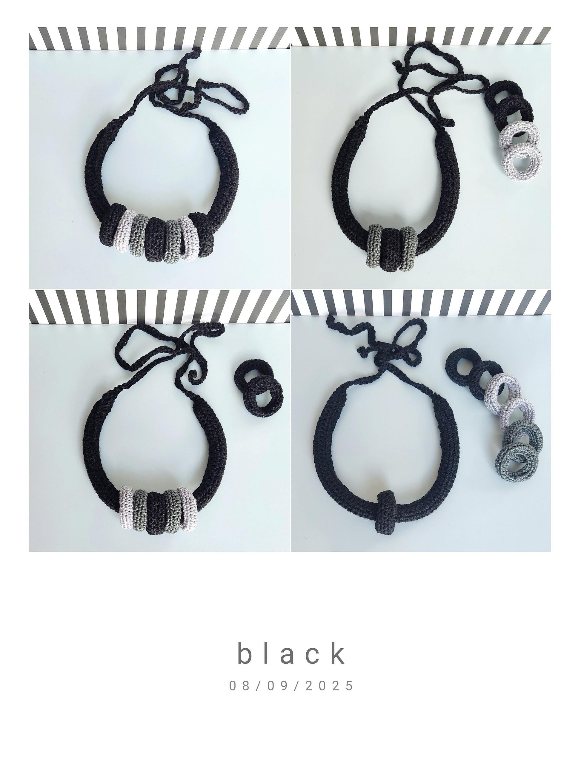 Black Multiway Crochet Statement Necklace - Curved Necklace & Chunky Rings, Adjustable - StepToLight