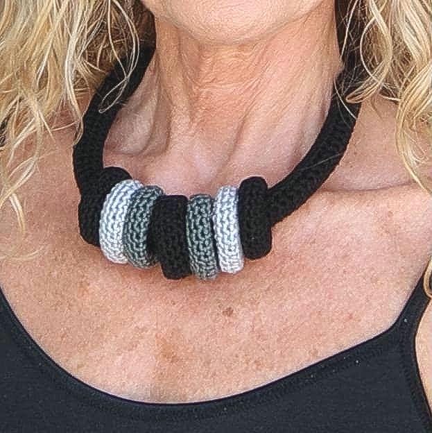 Black Multiway Crochet Statement Necklace - Curved Necklace & Chunky Rings, Adjustable - StepToLight