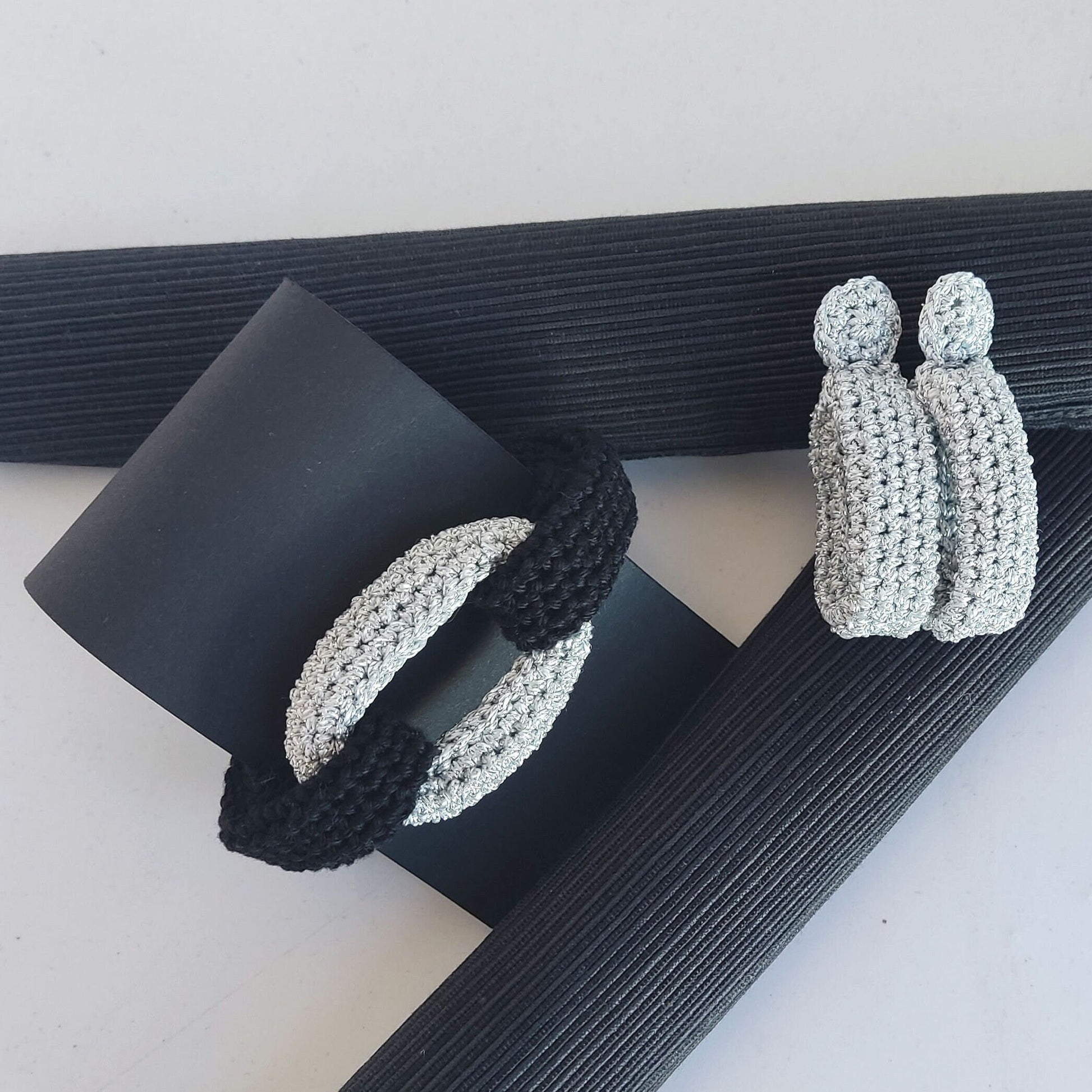 Black & Silver Braided Crochet Cuff Bracelet - Chunky Statement Jewelry - StepToLight