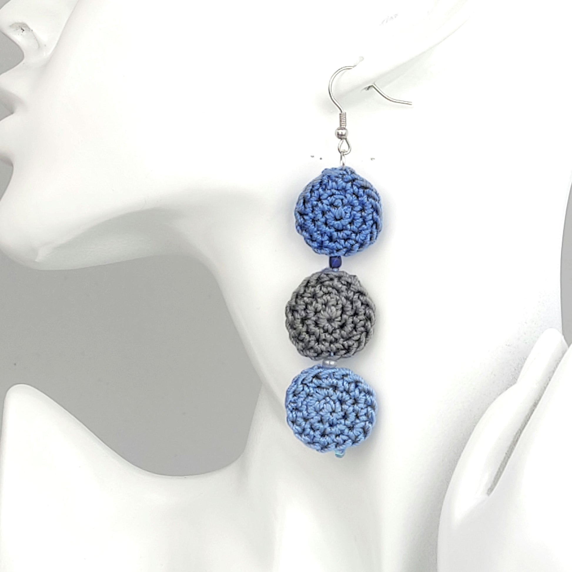 Blue Crochet Dangle Earrings - Tiered Circle Drop Design - StepToLight