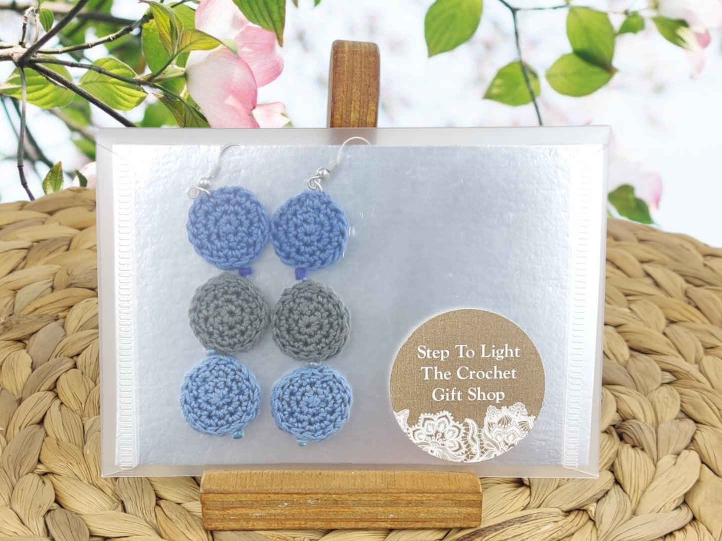 Blue Crochet Dangle Earrings - Tiered Circle Drop Design - StepToLight