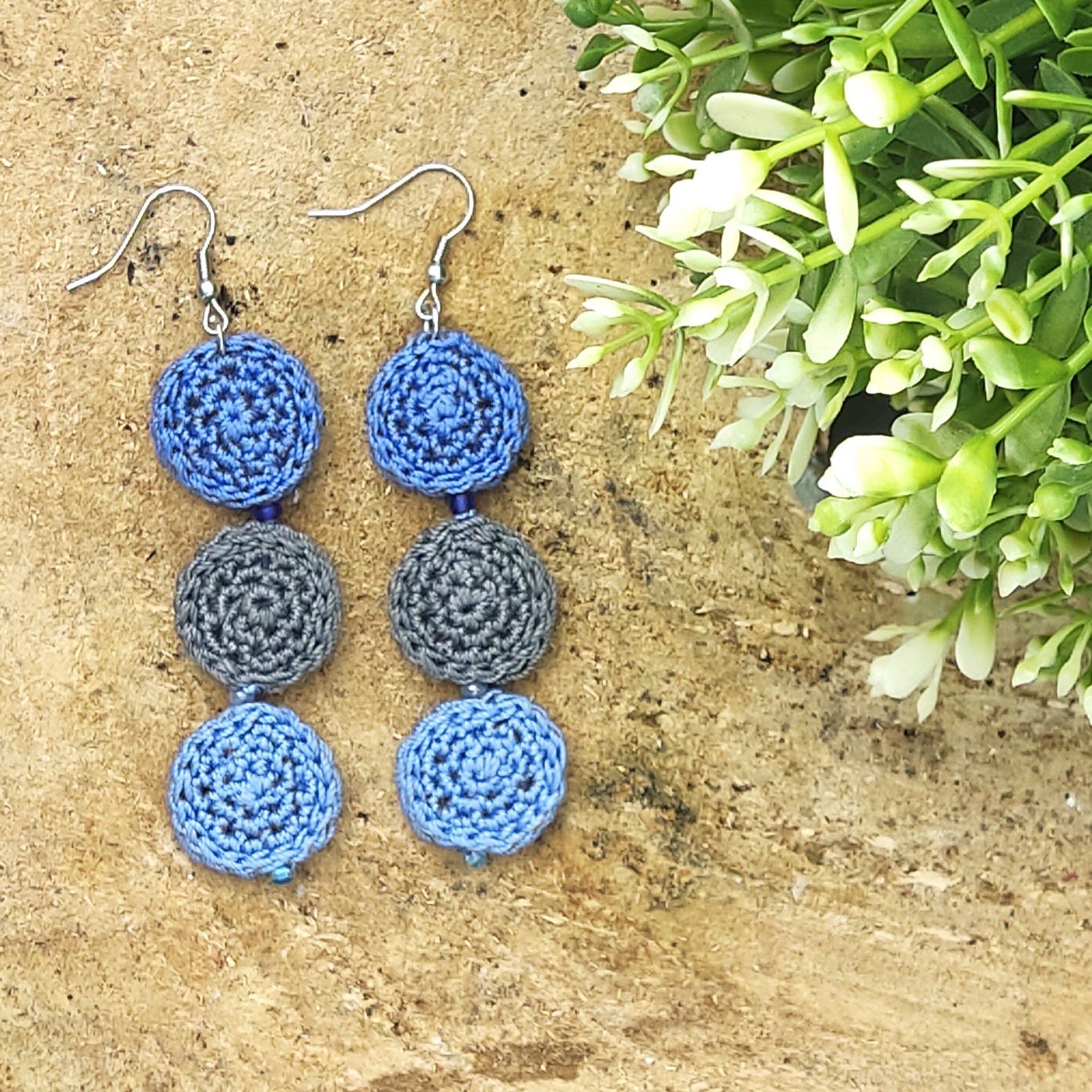 Blue Crochet Dangle Earrings - Tiered Circle Drop Design - StepToLight