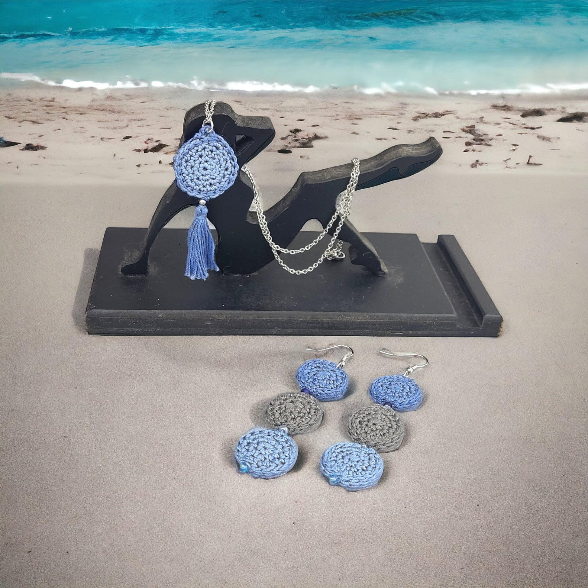 Blue Crochet Dangle Earrings - Tiered Circle Drop Design - StepToLight
