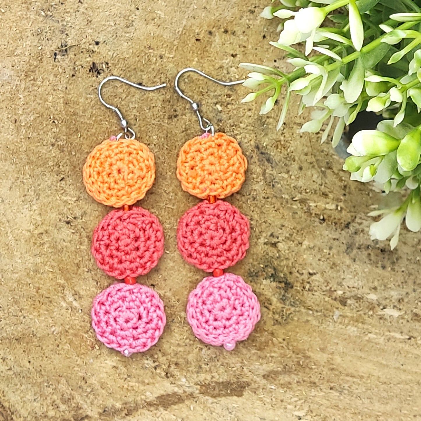 Blue Crochet Dangle Earrings - Tiered Circle Drop Design - StepToLight