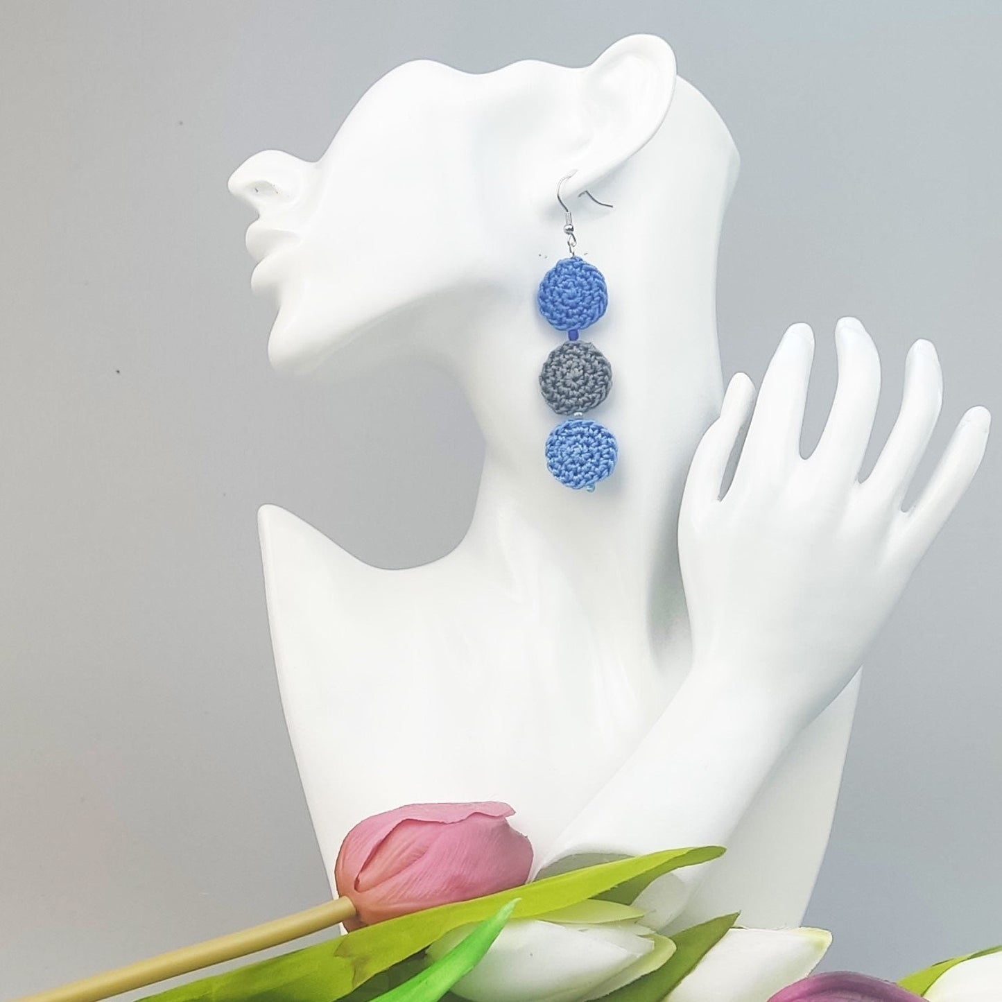 Blue Crochet Dangle Earrings - Tiered Circle Drop Design - StepToLight