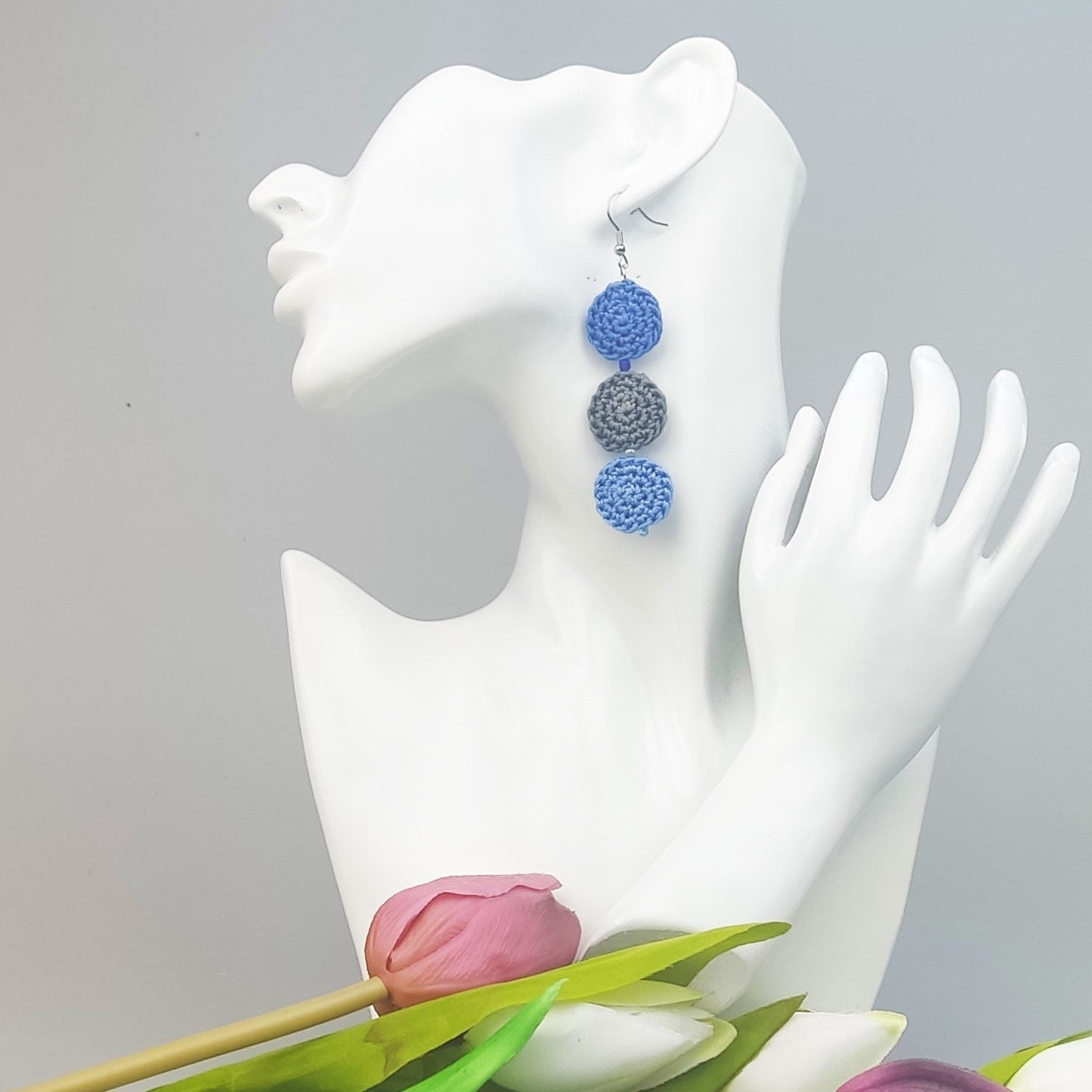 Blue Crochet Dangle Earrings - Tiered Circle Drop Design - StepToLight