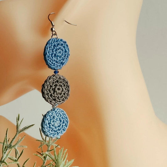 Blue Crochet Dangle Earrings - Tiered Circle Drop Design - StepToLight