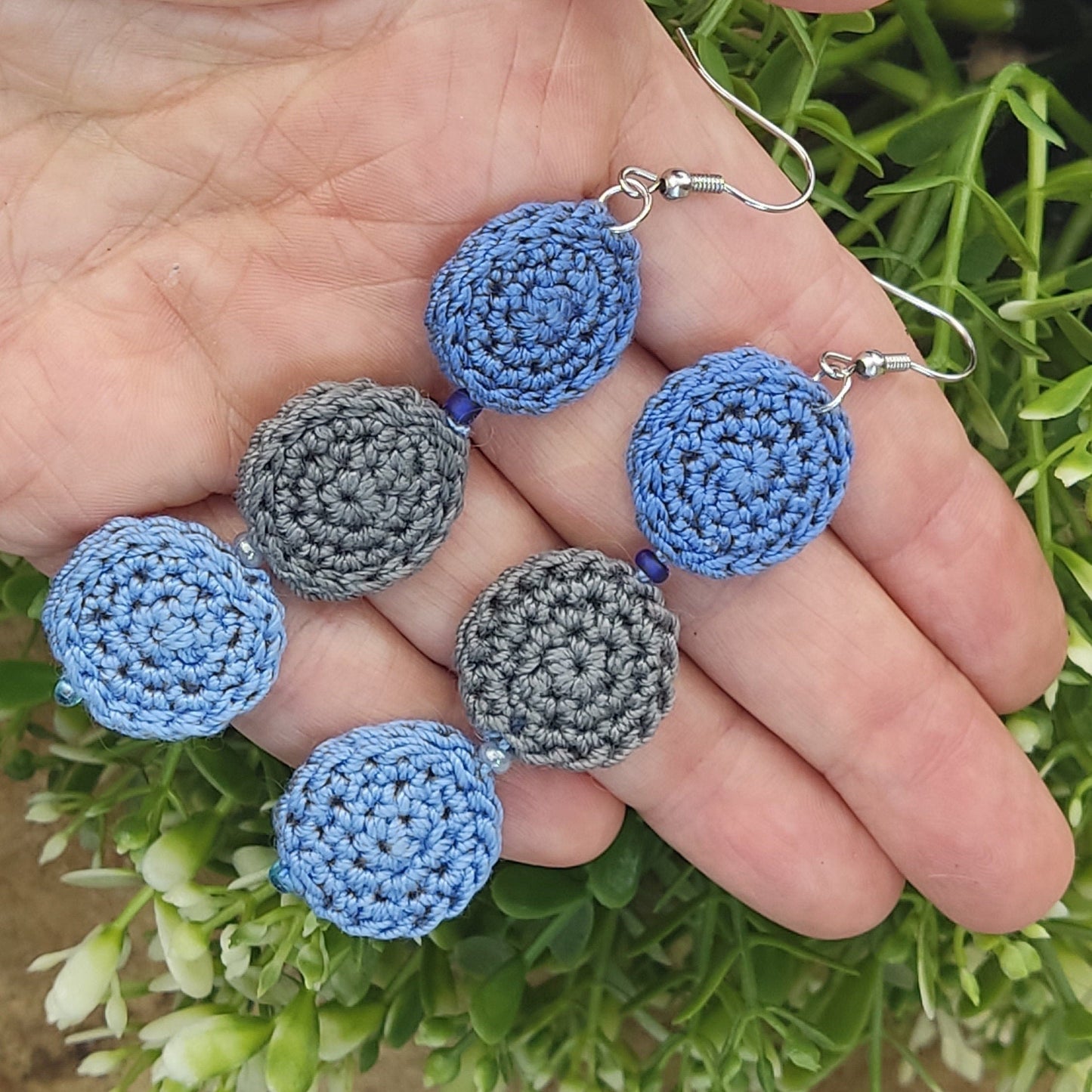 Blue Crochet Dangle Earrings - Tiered Circle Drop Design - StepToLight