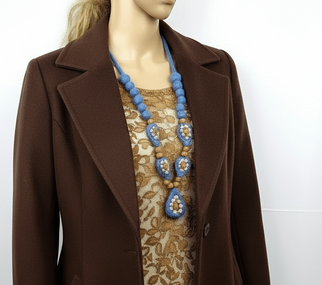 Blue Felt Beaded Necklace | Mid - Century Style | Handmade Merino Wool - StepToLight