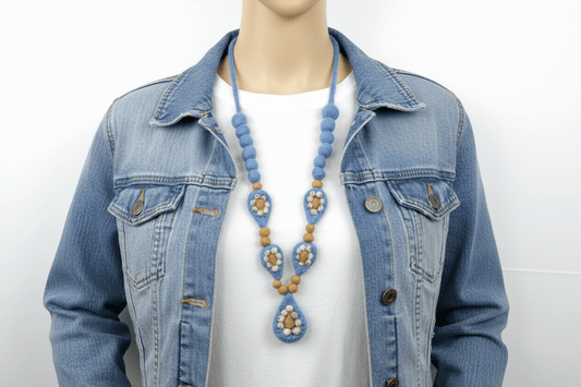 Blue Felt Beaded Necklace | Mid - Century Style | Handmade Merino Wool - StepToLight