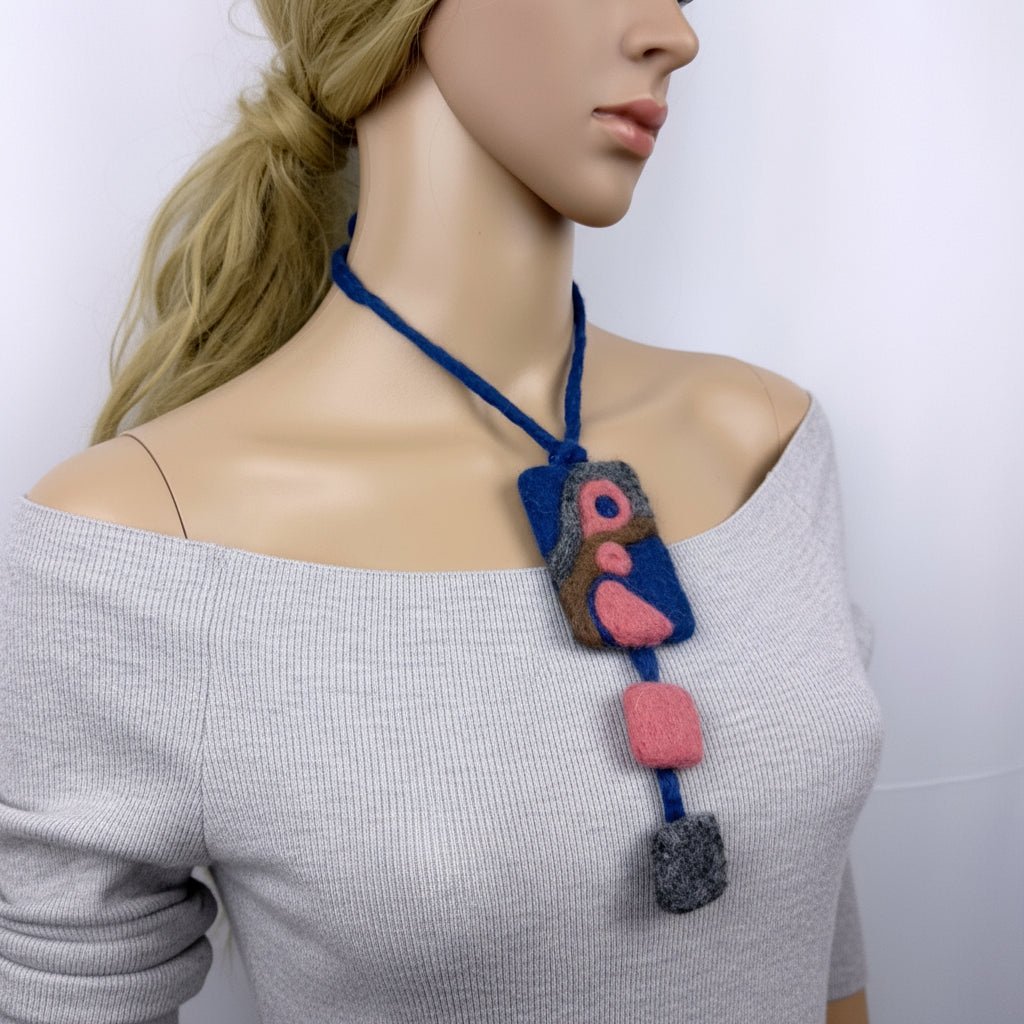 Blue & Pink Felt Necklace | Abstract Pendant | Handmade Boho Jewelry - StepToLight