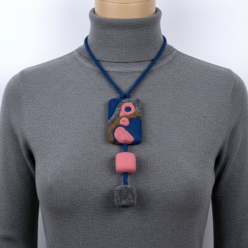 Blue & Pink Felt Necklace | Abstract Pendant | Handmade Boho Jewelry - StepToLight