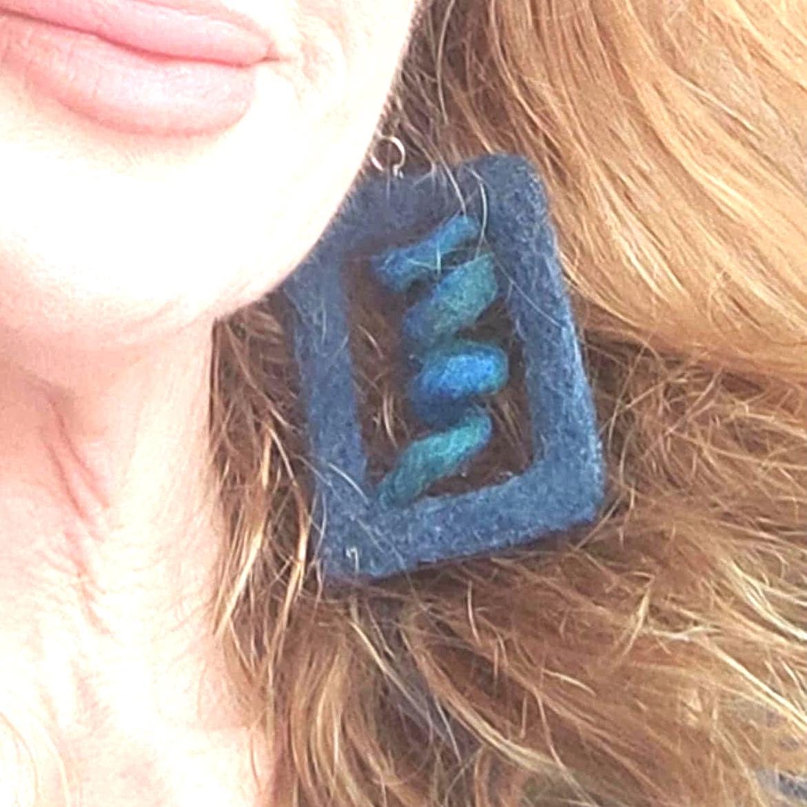 Blue Spiral Felt Earrings | Boho Statement Jewelry | Handmade Merino Wool - StepToLight