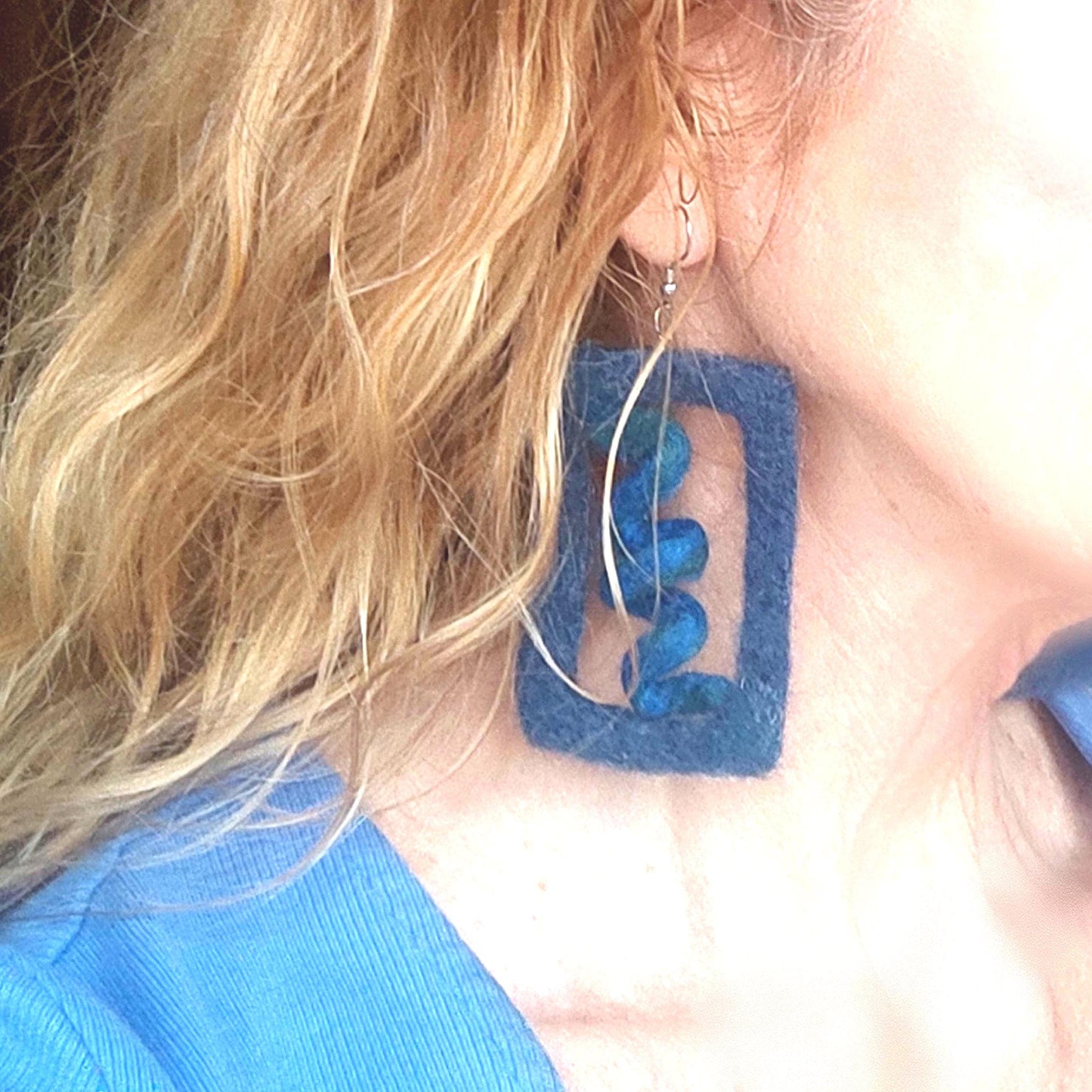 Blue Spiral Felt Earrings | Boho Statement Jewelry | Handmade Merino Wool - StepToLight