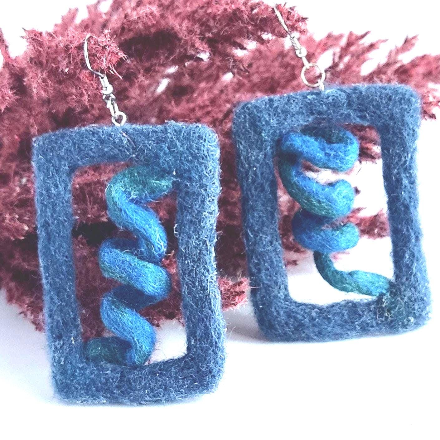 Blue Spiral Felt Earrings | Boho Statement Jewelry | Handmade Merino Wool - StepToLight