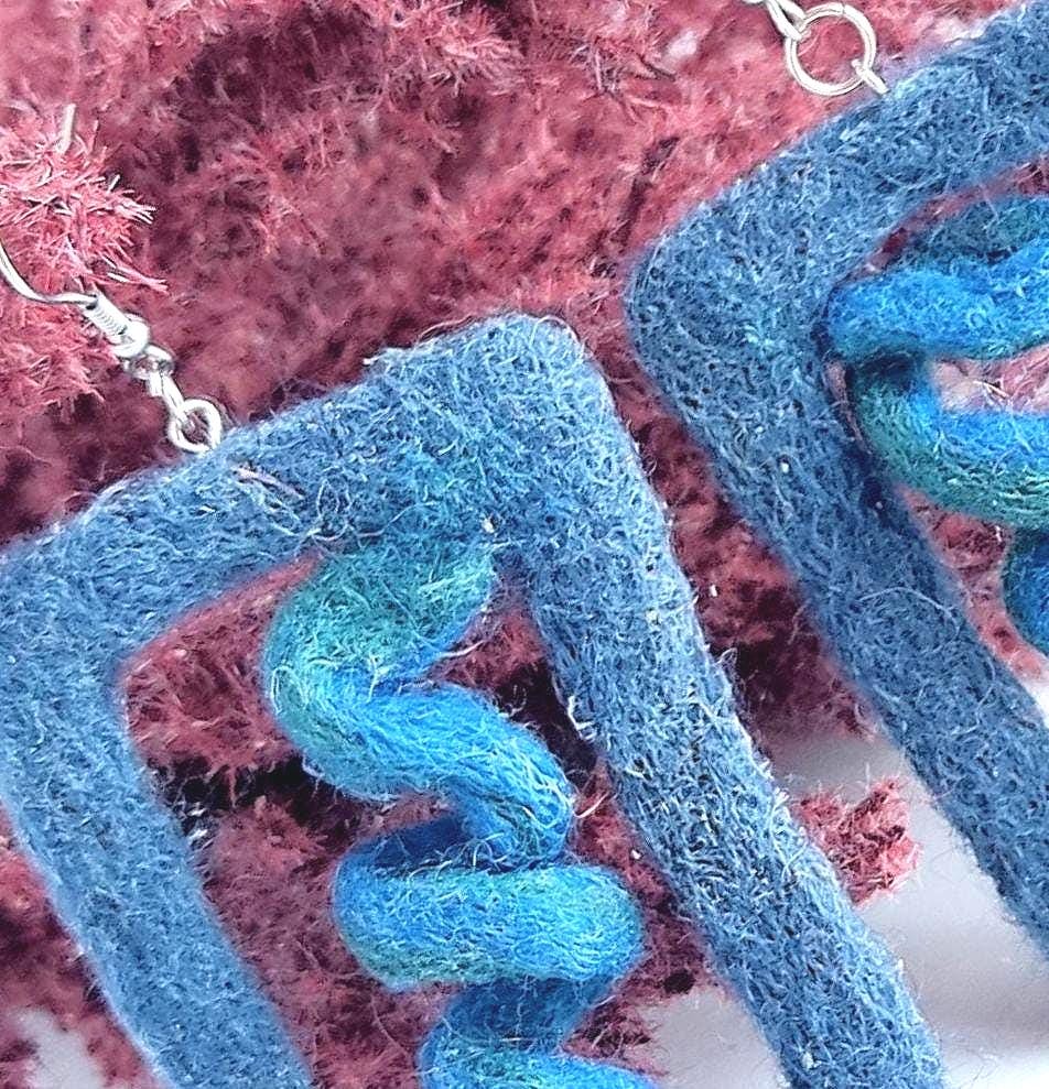 Blue Spiral Felt Earrings | Boho Statement Jewelry | Handmade Merino Wool - StepToLight