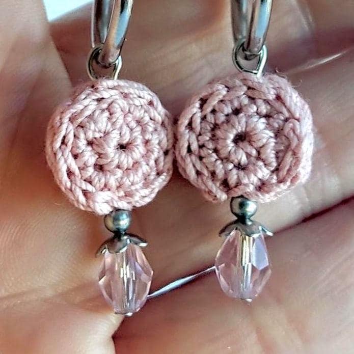 Blush Pink Crochet Beaded Hoop Earrings - Boho Drop Earrings with Stainless Steel Hoops - StepToLight