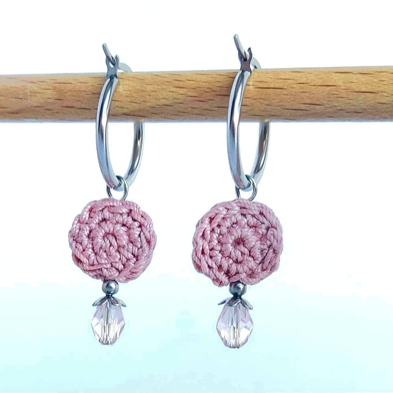 Blush Pink Crochet Beaded Hoop Earrings - Boho Drop Earrings with Stainless Steel Hoops - StepToLight