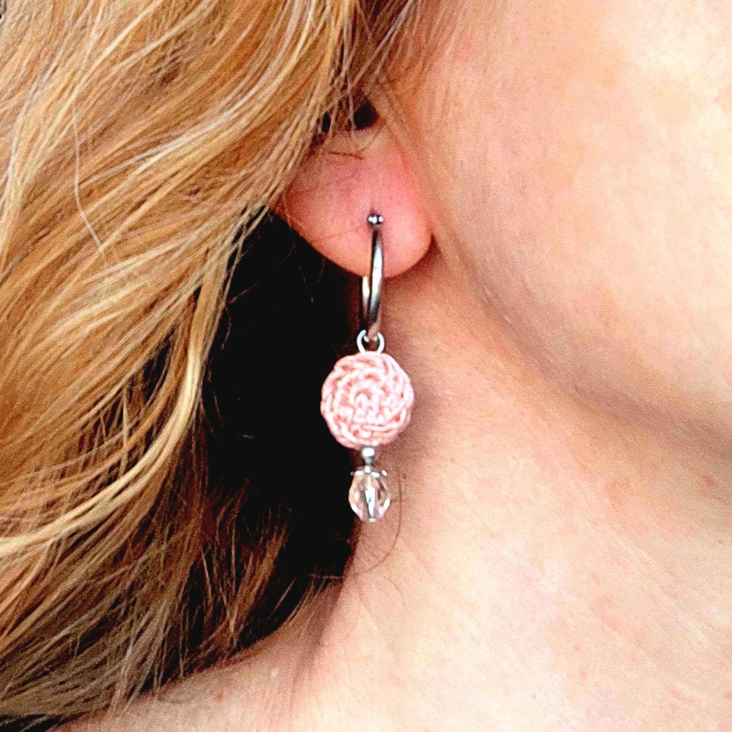 Blush Pink Crochet Beaded Hoop Earrings - Boho Drop Earrings with Stainless Steel Hoops - StepToLight