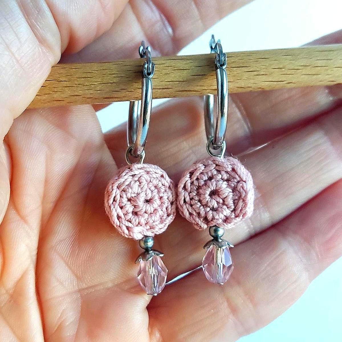 Blush Pink Crochet Beaded Hoop Earrings - Boho Drop Earrings with Stainless Steel Hoops - StepToLight
