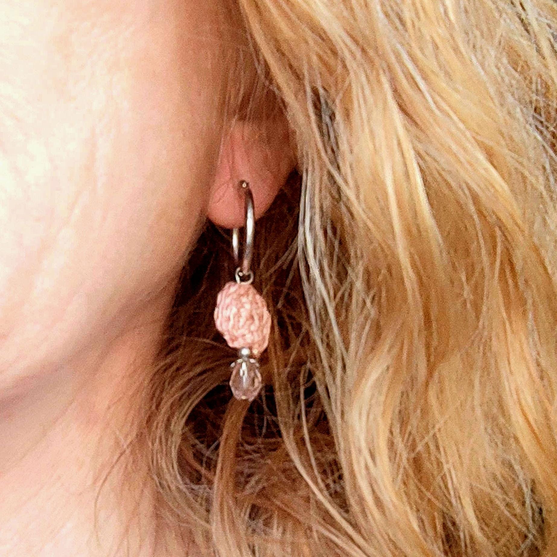 Blush Pink Crochet Beaded Hoop Earrings - Boho Drop Earrings with Stainless Steel Hoops - StepToLight