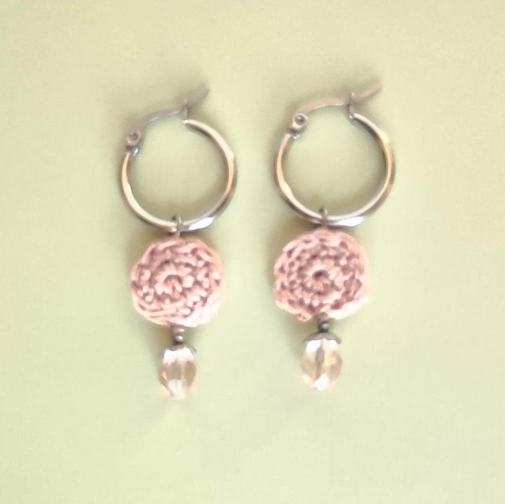Blush Pink Crochet Beaded Hoop Earrings - Boho Drop Earrings with Stainless Steel Hoops - StepToLight