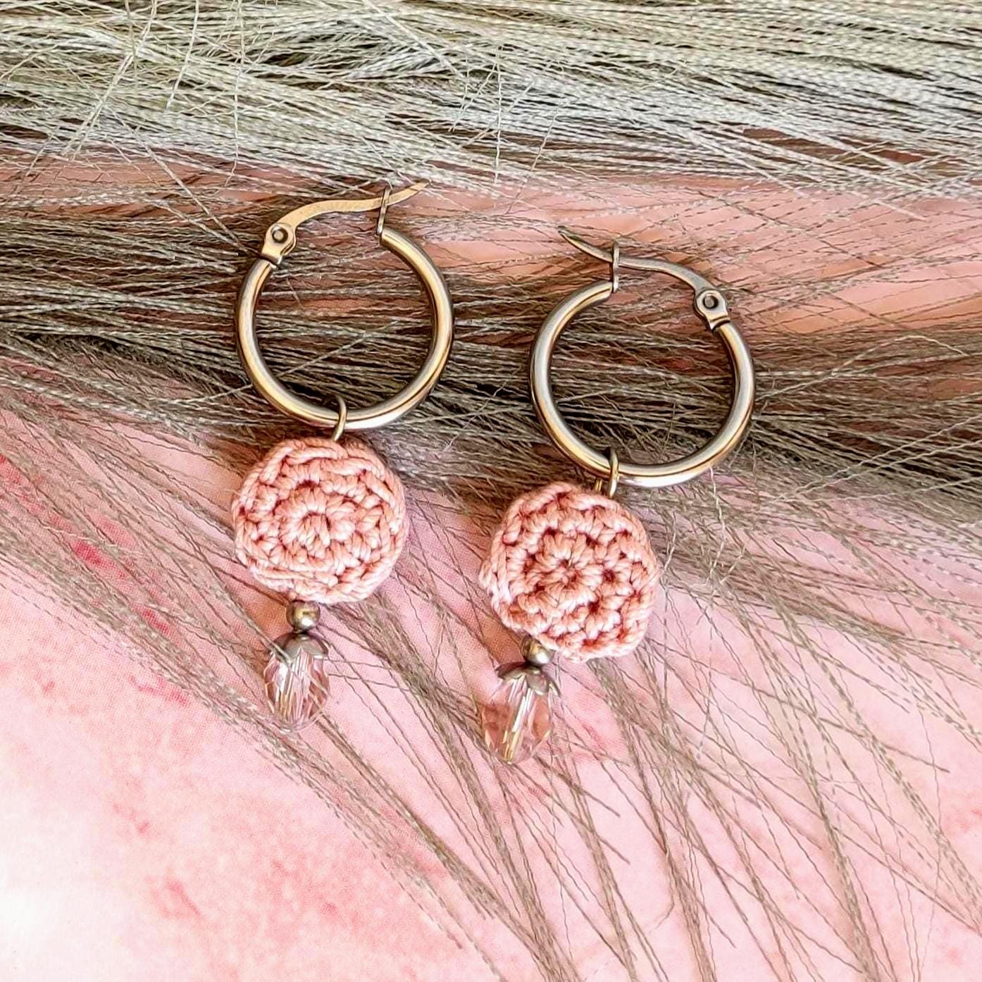 Blush Pink Crochet Beaded Hoop Earrings - Boho Drop Earrings with Stainless Steel Hoops - StepToLight