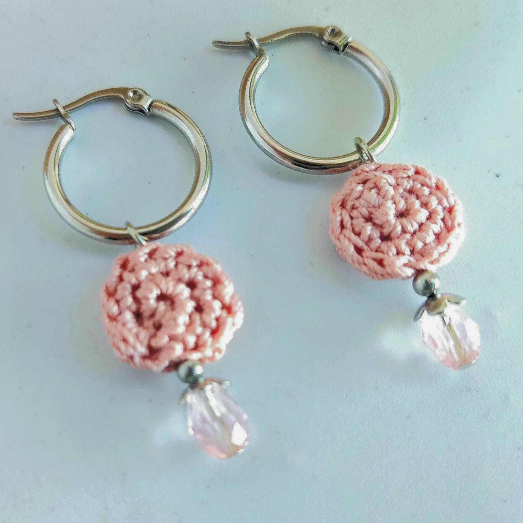 Blush Pink Crochet Beaded Hoop Earrings - Boho Drop Earrings with Stainless Steel Hoops - StepToLight