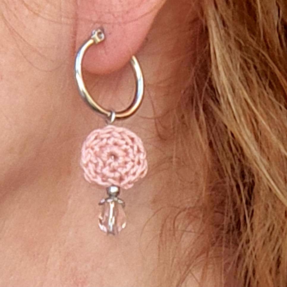 Blush Pink Crochet Beaded Hoop Earrings - Boho Drop Earrings with Stainless Steel Hoops - StepToLight