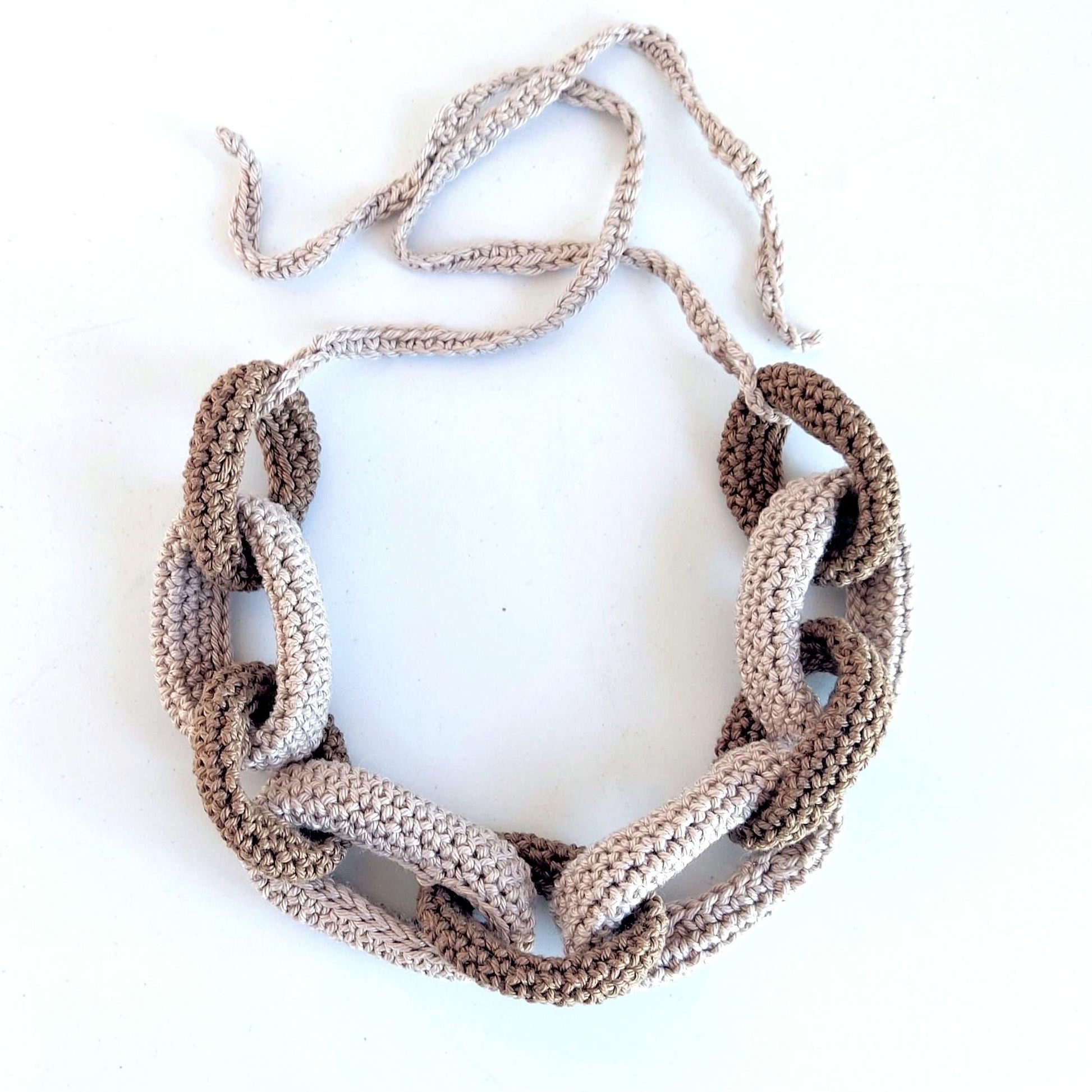 Brown & beige Chunky Crochet Statement Necklace - Handmade Braided Cotton Chain Jewelry - StepToLight