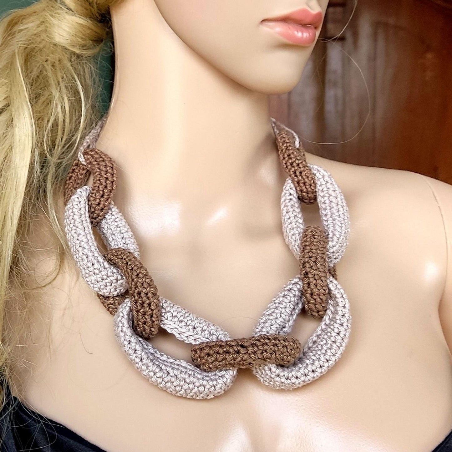 Brown & beige Chunky Crochet Statement Necklace - Handmade Braided Cotton Chain Jewelry - StepToLight