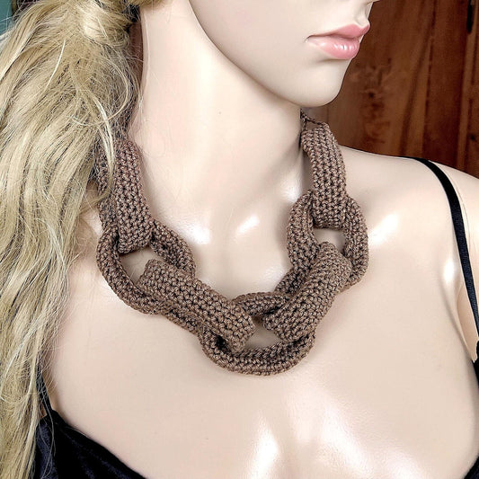 Brown Chunky Crochet Statement Necklace - Handmade Braided Cotton Jewelry - StepToLight
