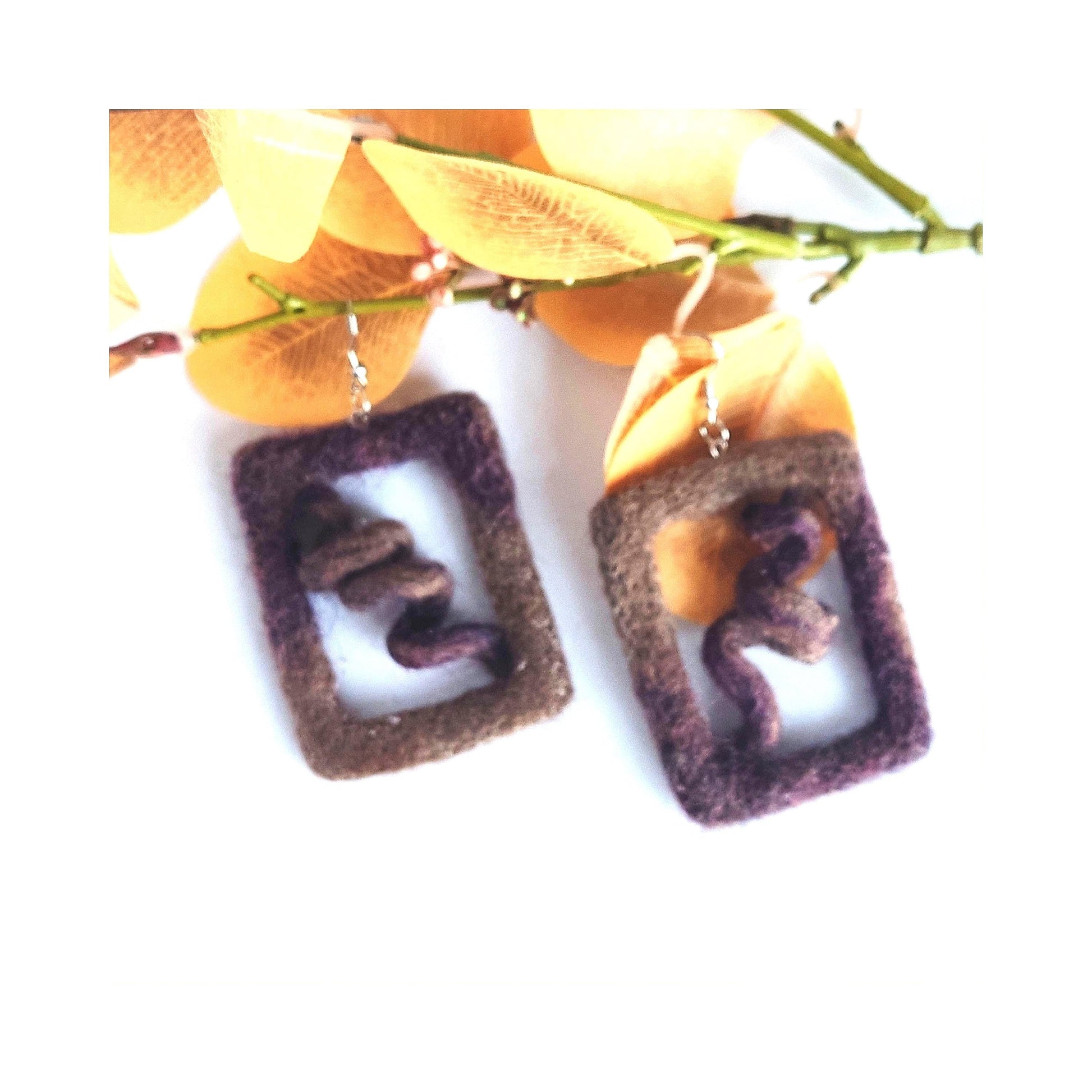 Brown Felt Dangle Earrings | Geometric Statement Jewelry | Handmade Merino Wool - StepToLight