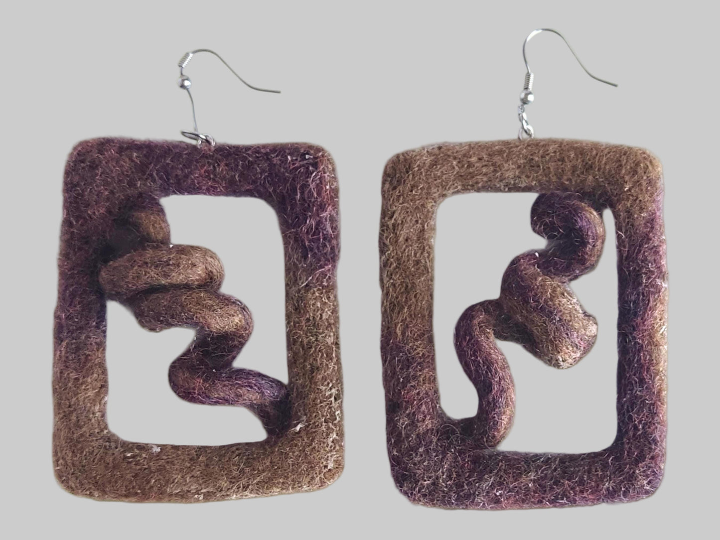 Brown Felt Dangle Earrings | Geometric Statement Jewelry | Handmade Merino Wool - StepToLight