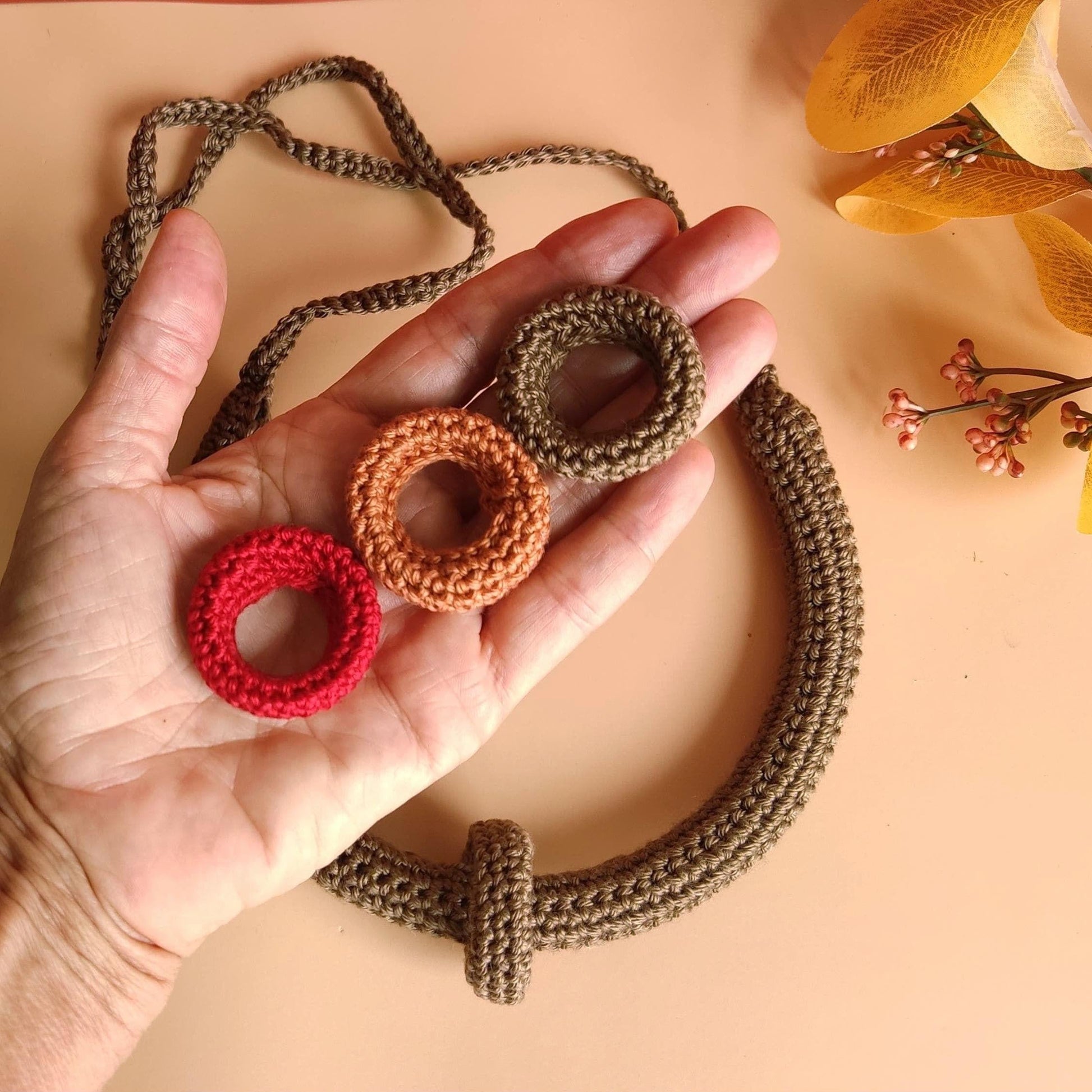 Brown Multiway Crochet Statement Necklace - Curved Necklace & Chunky Rings, Adjustable, Customizable - StepToLight