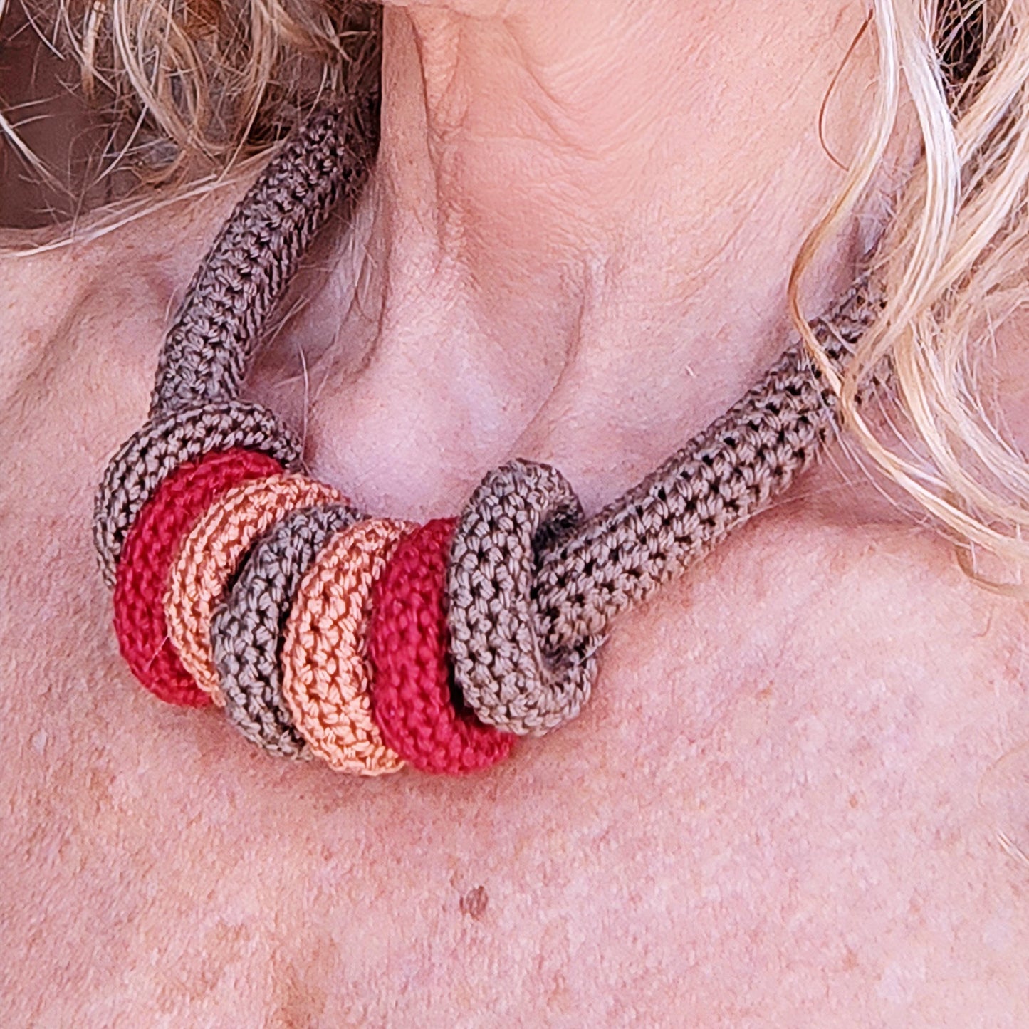 Brown Multiway Crochet Statement Necklace - Curved Necklace & Chunky Rings, Adjustable, Customizable - StepToLight