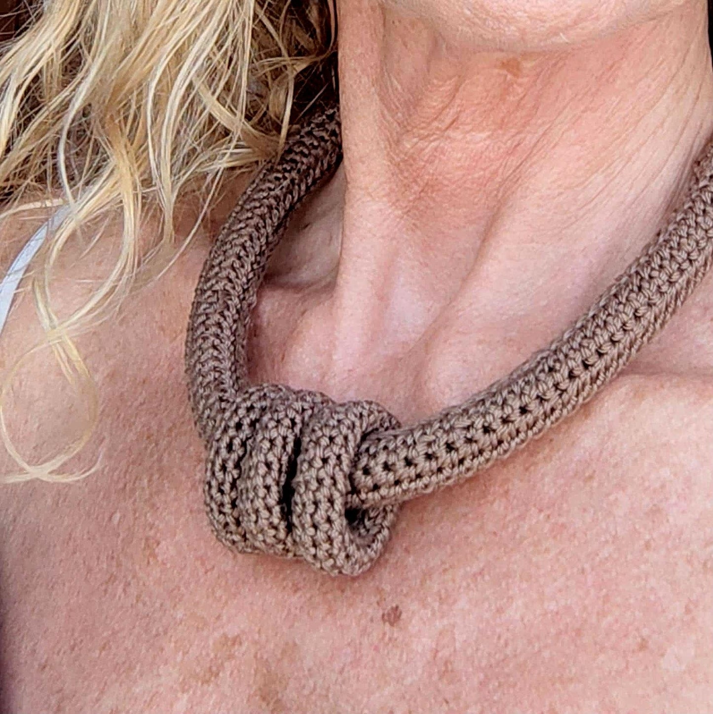 Brown Multiway Crochet Statement Necklace - Curved Necklace & Chunky Rings, Adjustable, Customizable - StepToLight