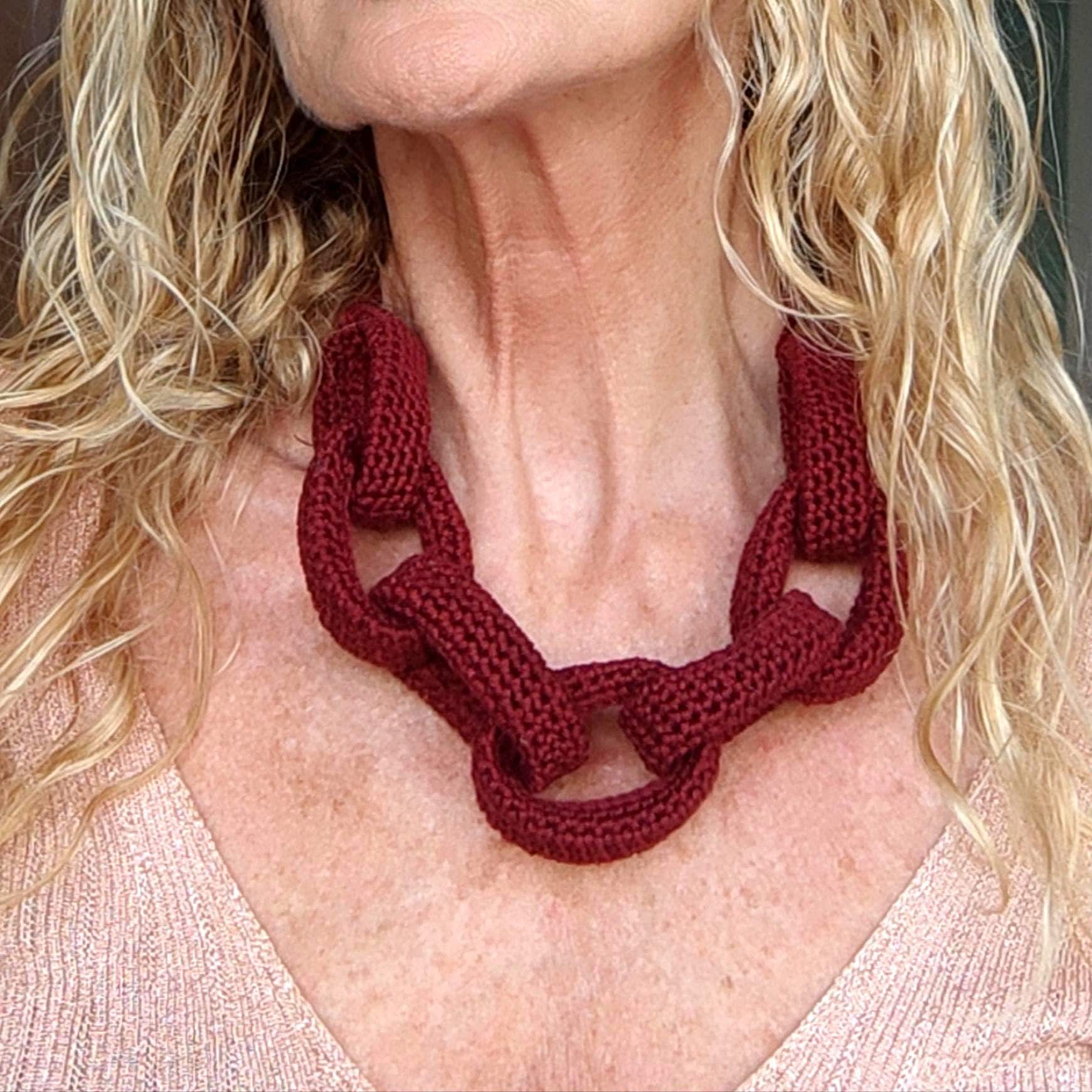 Burgundy Chunky Crochet Chain Necklace - Handmade Braided Statement Jewelry - StepToLight