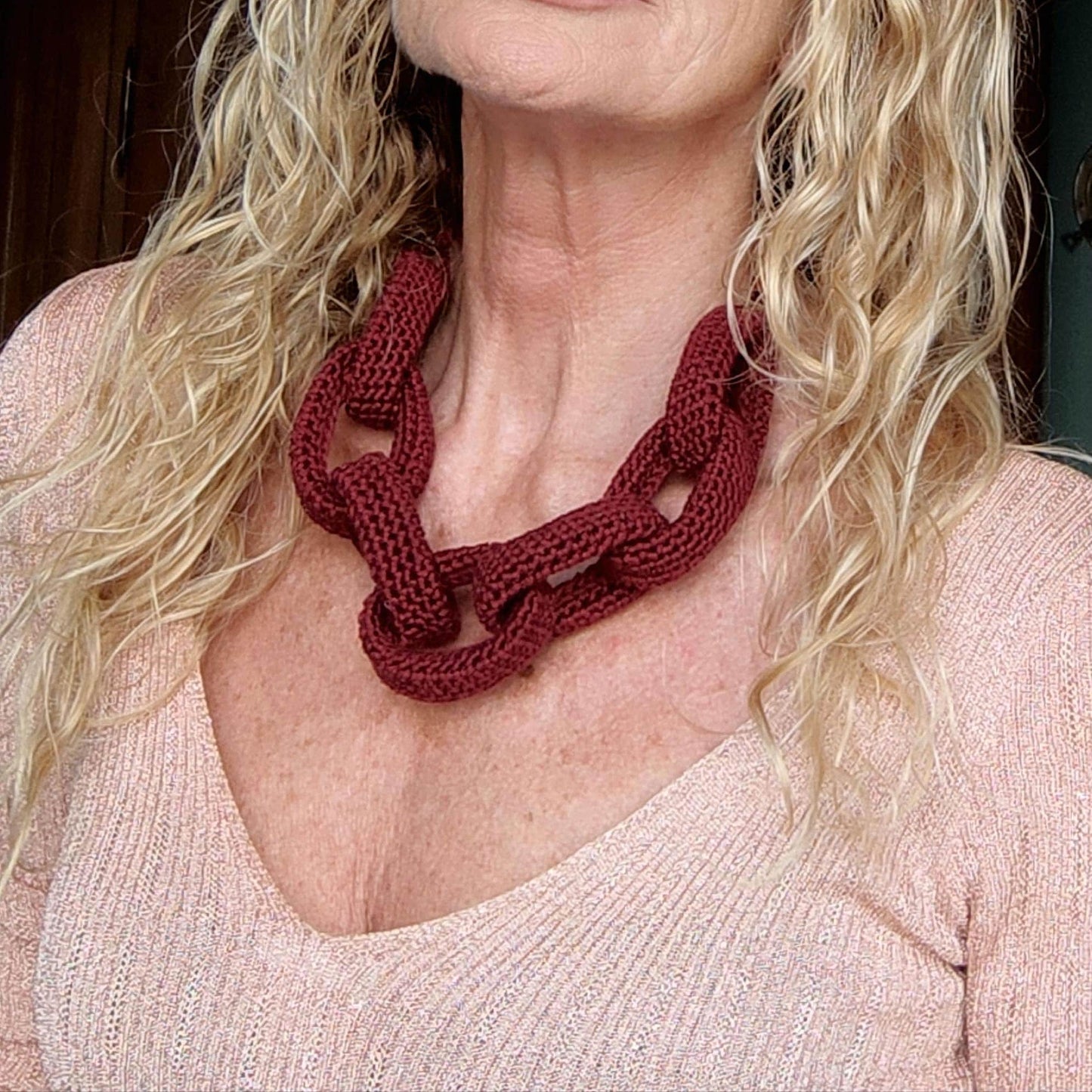 Burgundy Chunky Crochet Chain Necklace - Handmade Braided Statement Jewelry - StepToLight