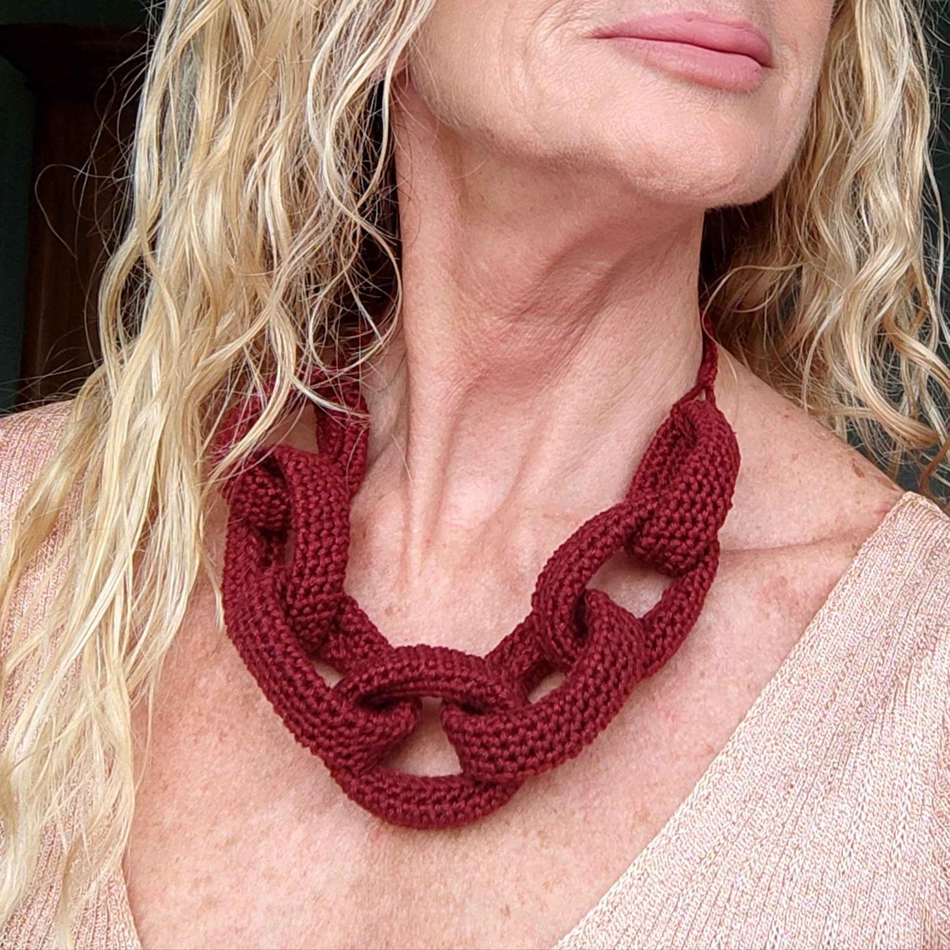Burgundy Chunky Crochet Chain Necklace - Handmade Braided Statement Jewelry - StepToLight