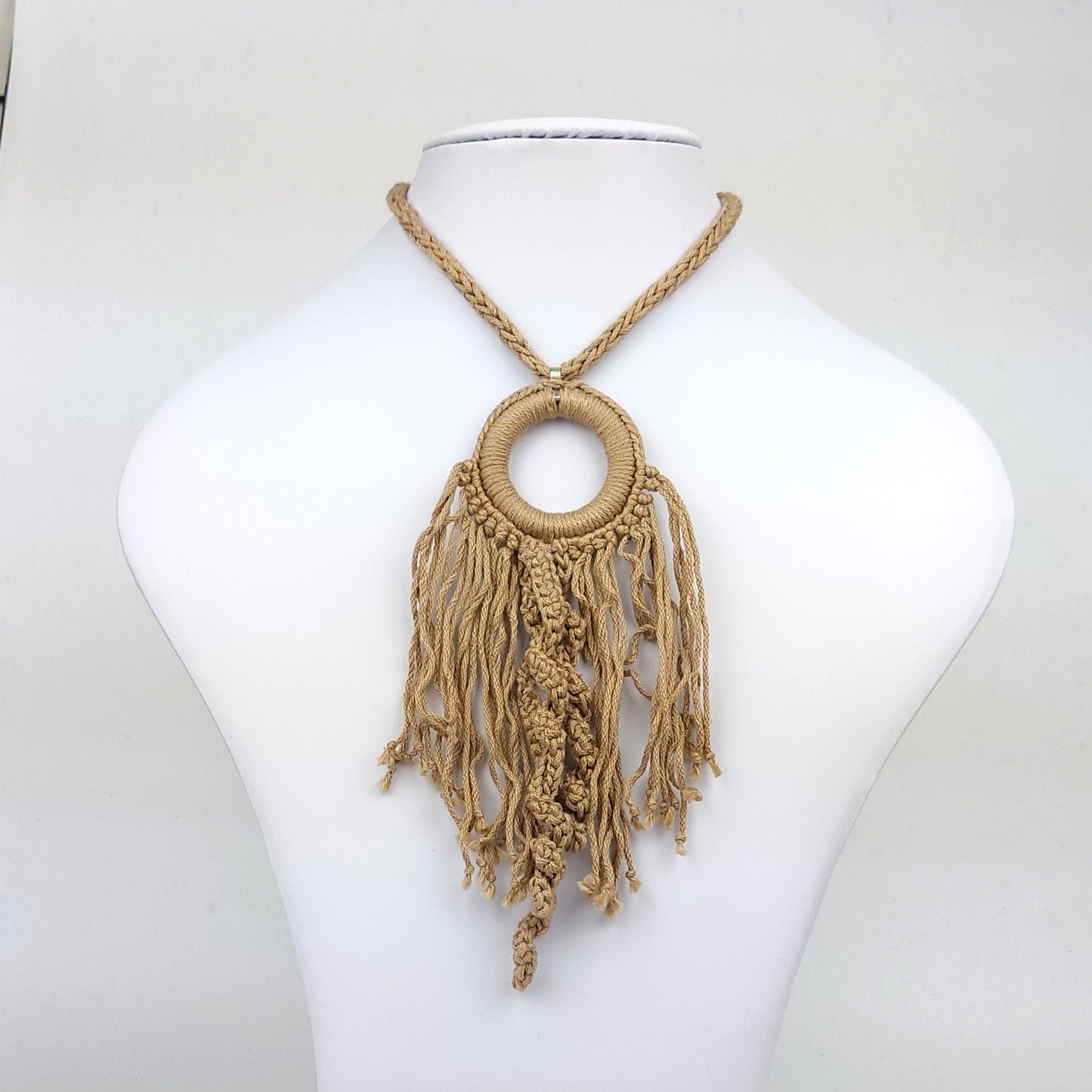 Burgundy Crochet Fringe Pendant Necklace - Handmade Boho Statement Jewelry - StepToLight