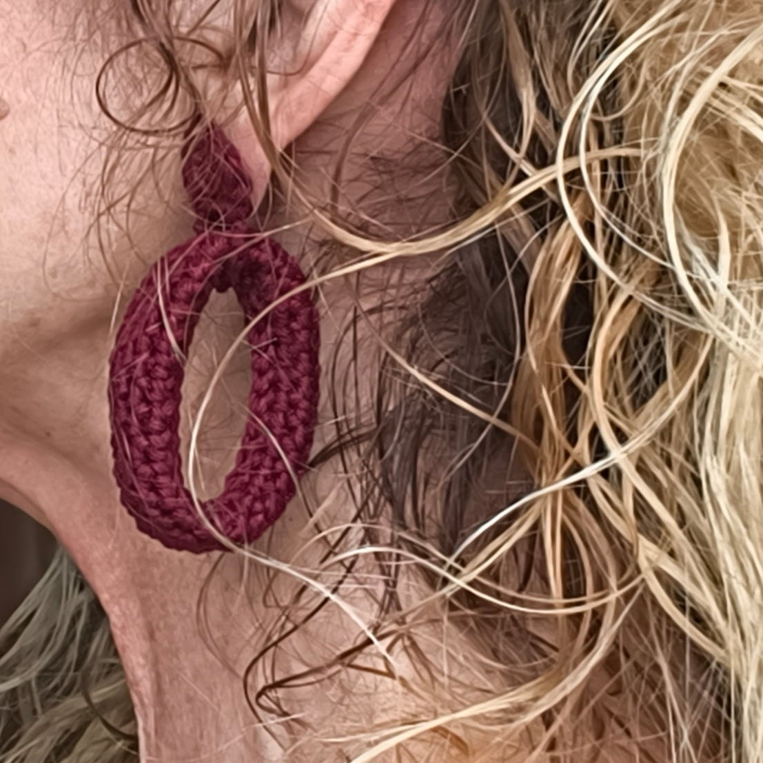 Crochet Hoop Earrings - Plum Noir Burgundy | Handmade Cotton Boho Earrings, Gift for Her