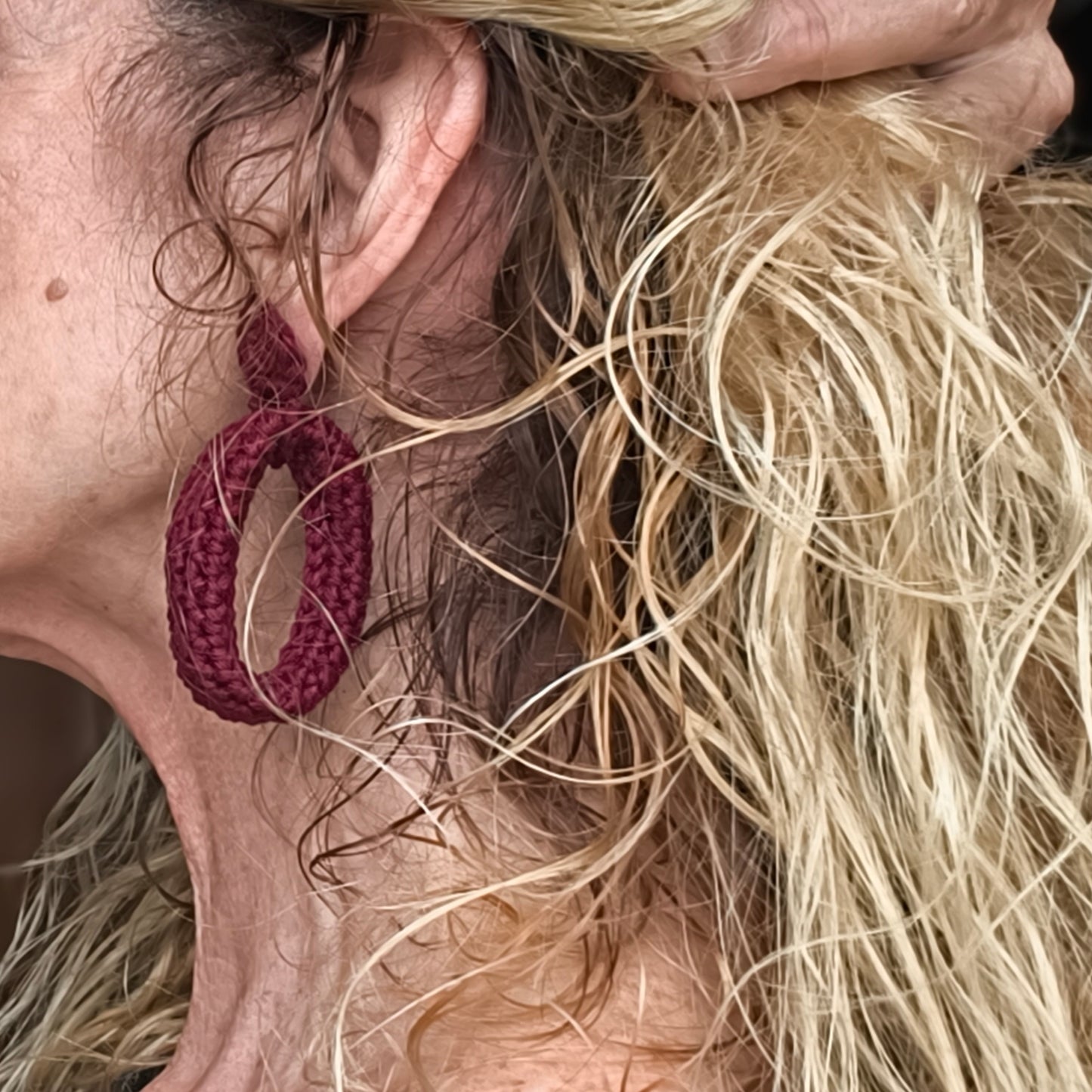 Crochet Hoop Earrings - Plum Noir Burgundy | Handmade Cotton Boho Earrings, Gift for Her