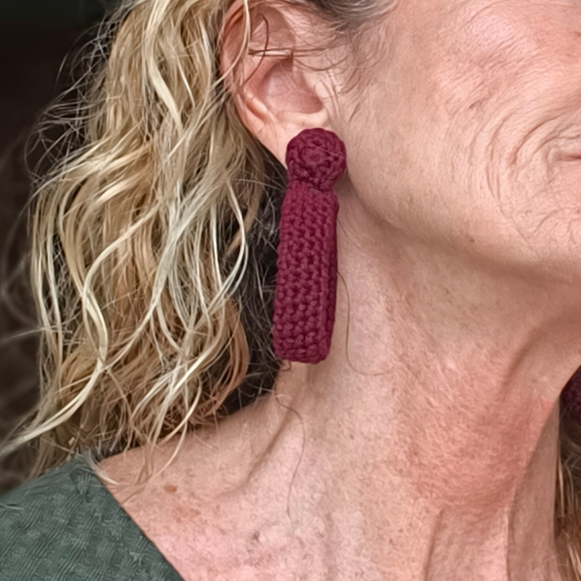 Crochet Hoop Earrings - Plum Noir Burgundy | Handmade Cotton Boho Earrings, Gift for Her