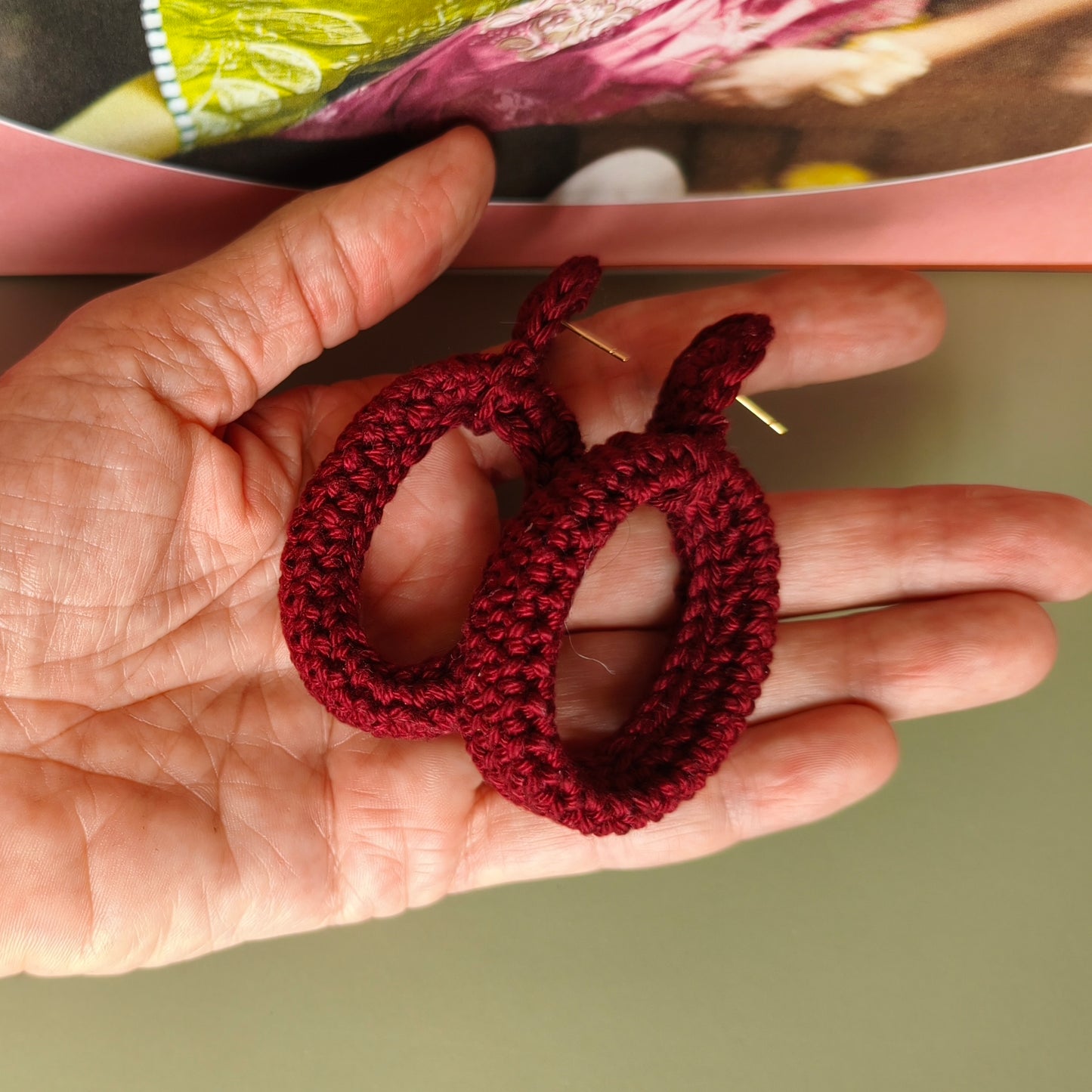 Crochet Hoop Earrings - Plum Noir Burgundy | Handmade Cotton Boho Earrings, Gift for Her