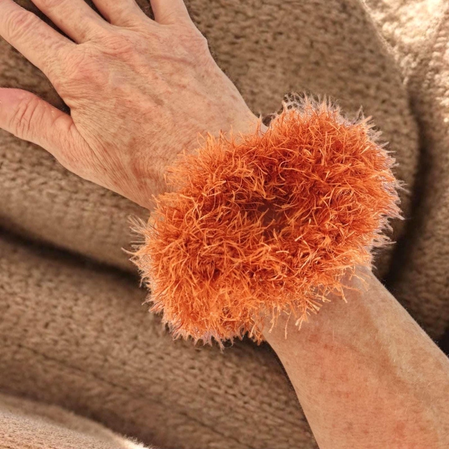 Burnt Orange Chunky Crochet Cuff Bracelet - Faux Fur Bangle - StepToLight