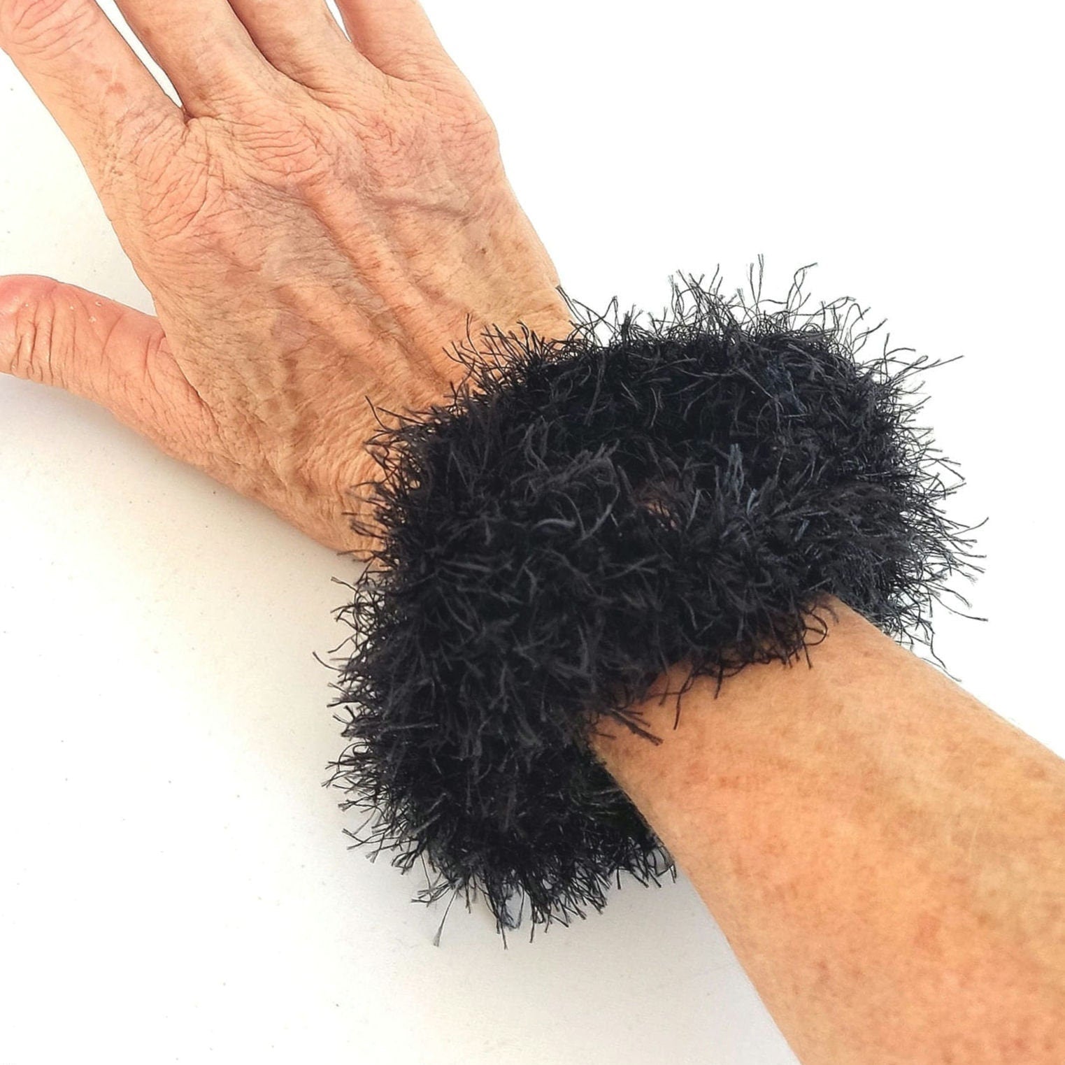 Burnt Orange Chunky Crochet Cuff Bracelet - Faux Fur Bangle - StepToLight