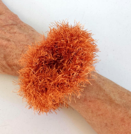 Burnt Orange Chunky Crochet Cuff Bracelet - Faux Fur Bangle - StepToLight