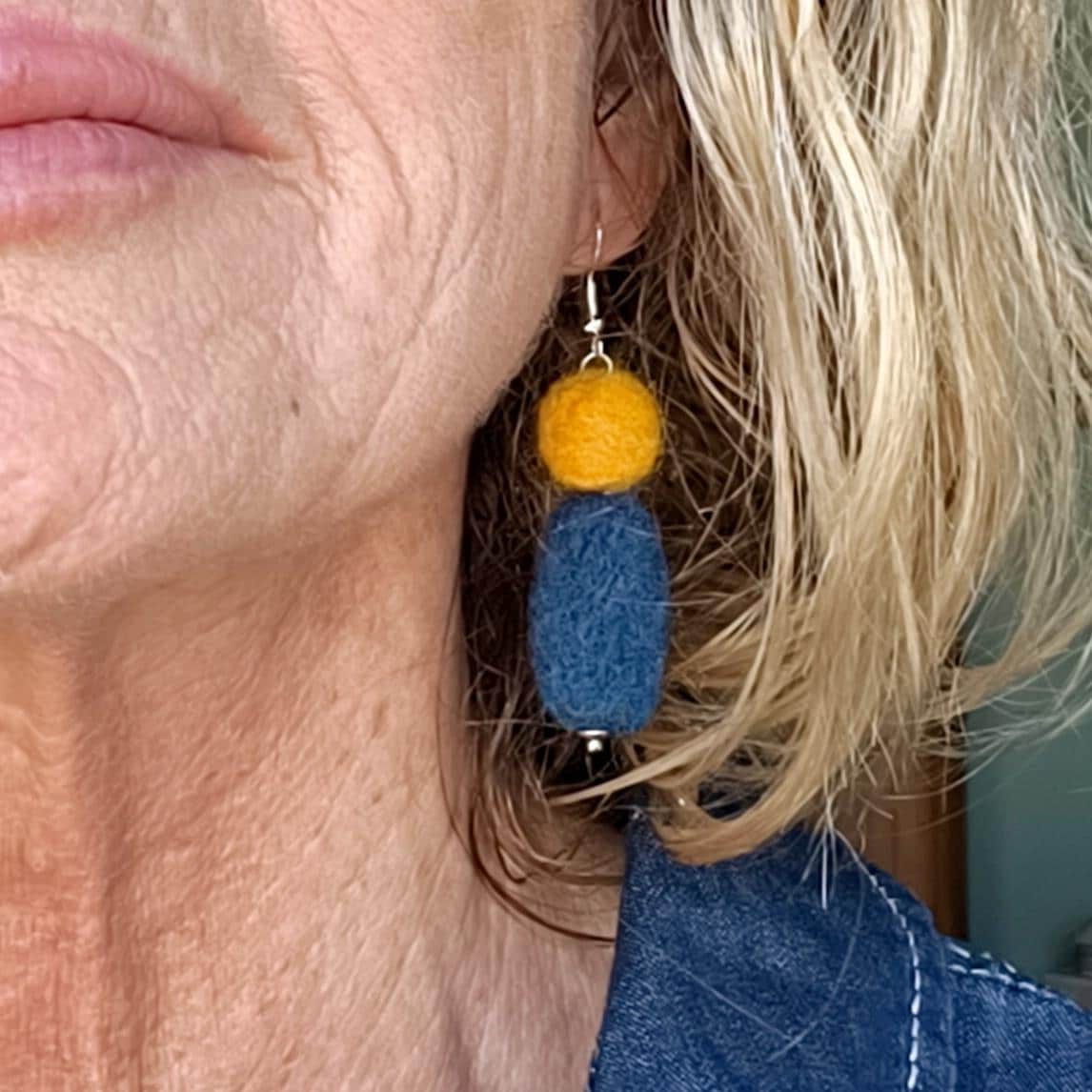 Canary Yellow & Navy Blue Felt Dangle Earrings | Handmade Boho Statement Jewelry - StepToLight